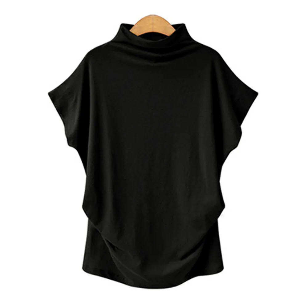 Dropshipping Mulheres Verão Batwing Batwing Tops Tshirt Senhoras Sólida Turtleneck Preto Algodão Plus Size Streetwear Camiseta A1112