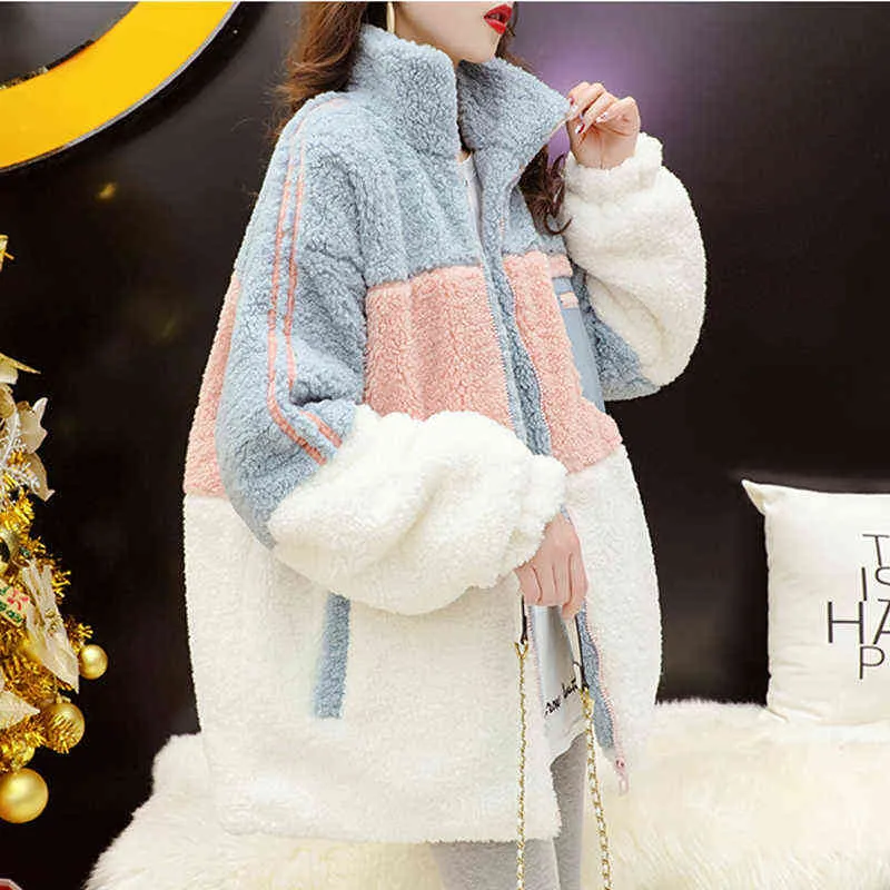Zoki Winter Hairy Jacket Women Warm Loose Coats All Match Fur Wool Japan Cute Thick Ladies Clothes Long Sleeve Oversize Clothes 220112