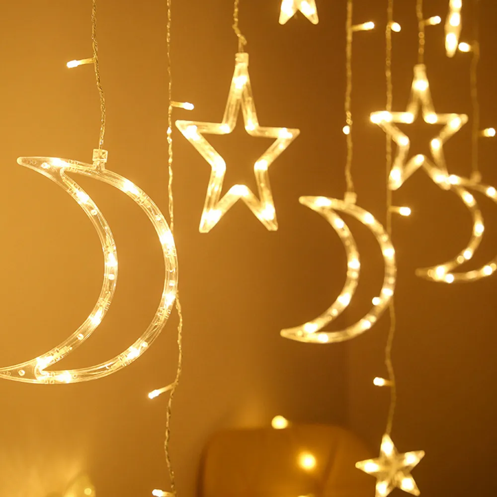 Venda LED Star Moon Cortina Luzes Christmas Garlands String Fairy Lights 220V Ao Ar Livre para Casamento Festa de Natal Decoração de Ano Novo 201203