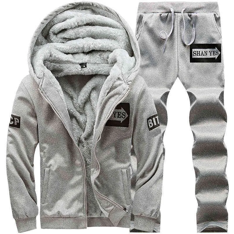 Fleece Men Vinter Set Fashion Casual Tracksuit Tjocktröja + Byxor Sportkläder Suit Varm Hooded Ytterkläder 211230