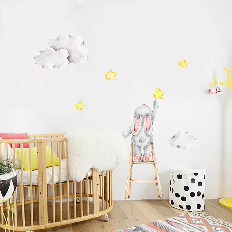 Cute Watercolor Bunny on the Stairs Stars Clouds Removable Wall Decals Nursery Art Stickers Posters PVC Girls Bedroom Home Decor 220217