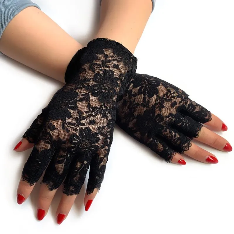 Five Fingers Gloves Women Summer Sexy Black Hollow Lace Sunscreen Breathable Thin Half Finger Prom Decoration Etiquette Pole Dance2791