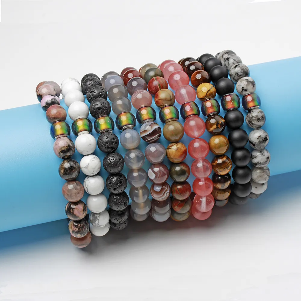 Tigerauge-Türkis-Armbänder Natursteinperlenstränge Changing Mood Beads-Armbandtemperaturmodeschmuck wird und sandig