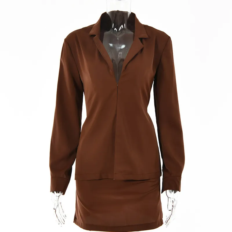 Ahagaga Herfst Wrap Hip Mini Rok + Blazer Suits Dames Mode 2 Stuks Lange Mouw Satijnen Casual Office Vrouwelijke Set Kostuum 220302