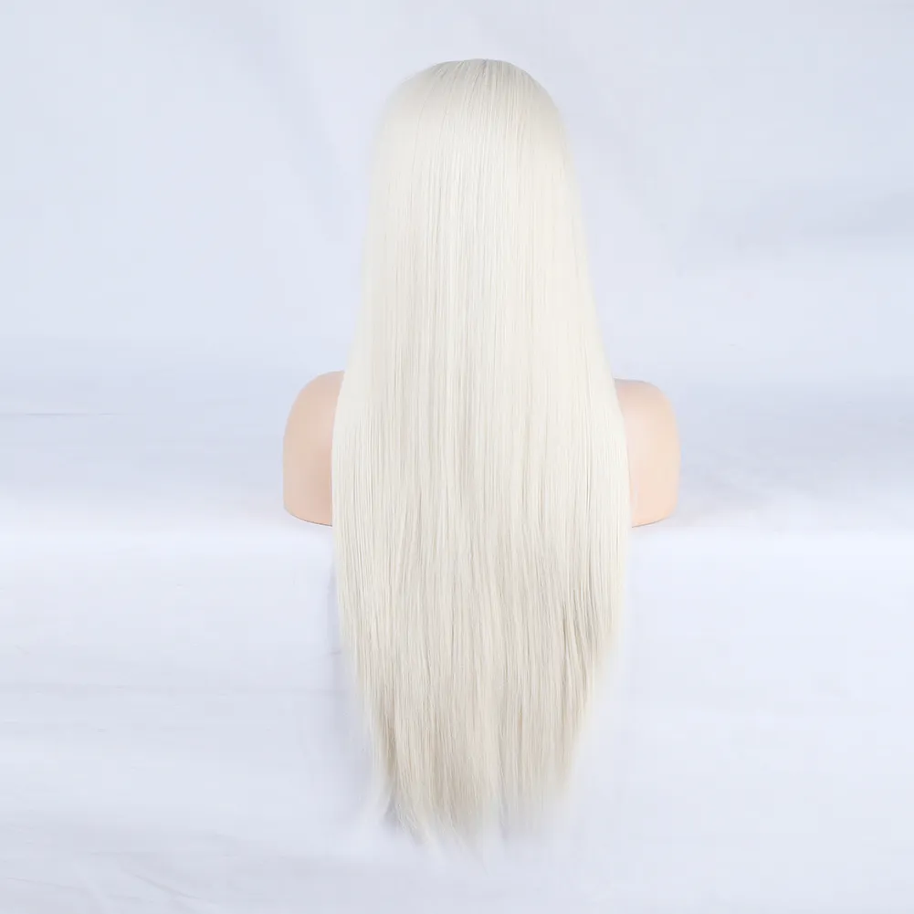 Brand LX 60 perruque blonde platine longue perruque droite soyeuse pour femmes Fibre à haute température Synthétique dentelle perruque de dentelle avant Wigfactor6070691