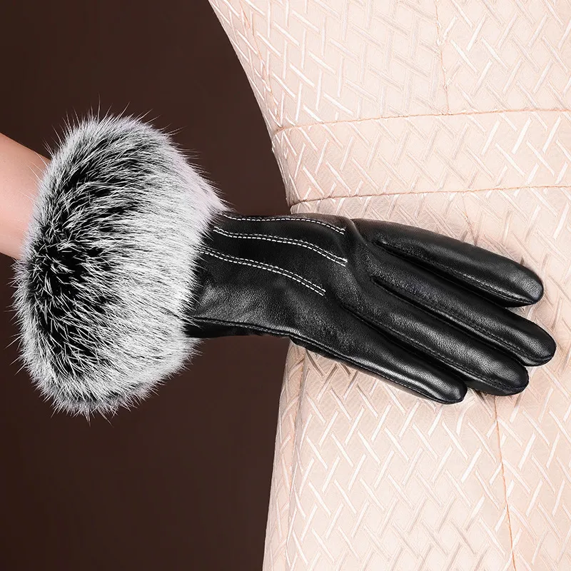 Winter black sheepskin Mittens Leather Gloves For Women Rabbit Fur Wrist Top Sheepskin Gloves Black Warm Female Driving Gloves 201252o