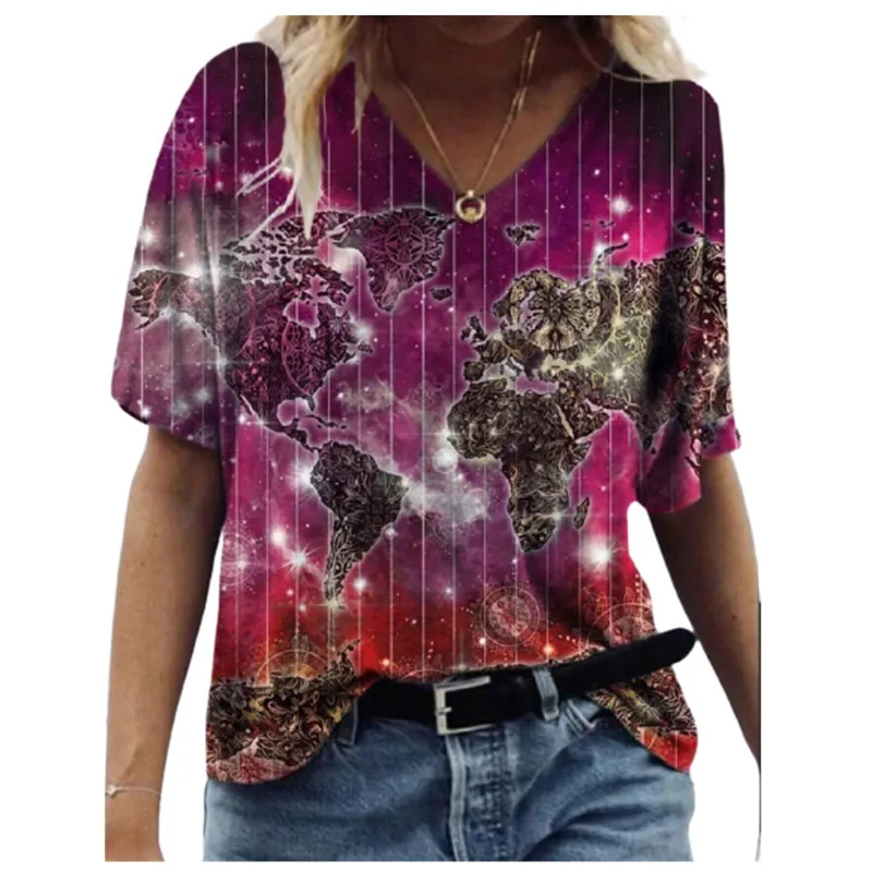 Camisetas holgadas de talla grande para mujer, remera informal de manga corta con cuello en V y estampado de mapa en 3D, camiseta de moda 2022