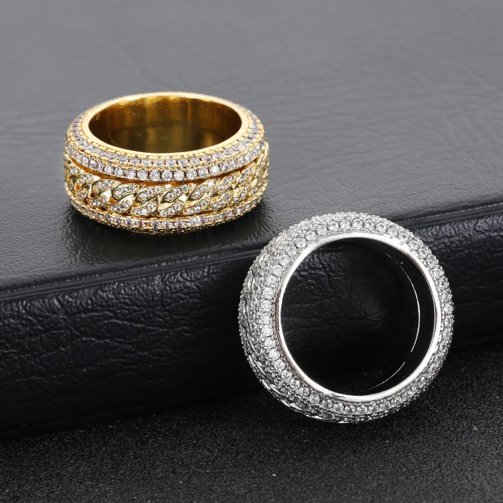 Hip-Hop mit seitlichen Steinen, Kupfer eingelegter Zirkon, drehbarer kubanischer Ring, Echtgold-Galvanisierung, Hiphop-Ring, Ringschmuck329C