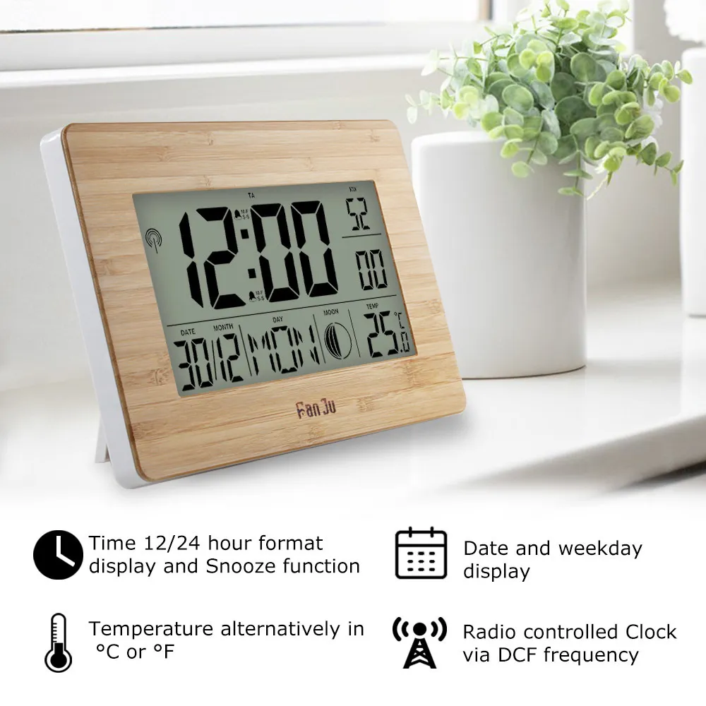 FanJu Digitale Wanduhr LCD Große Große Zahl Zeit Temperatur Kalender Alarm Tisch Schreibtischuhren Modernes Design Büro Wohnkultur LJ200827