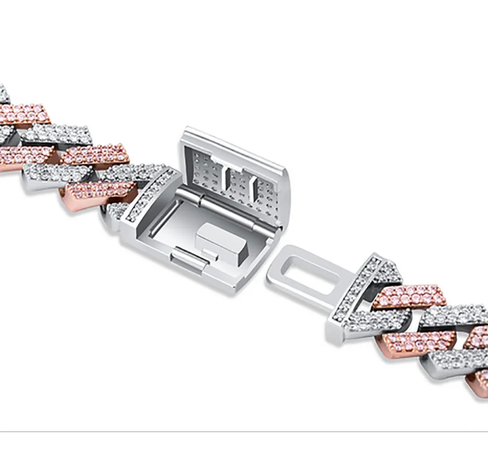 Collier chaîne à maillons cubains glacés de 14mm, bracelet, deux tons, blanc, or rose, zircone cubique, bijoux 16 à 24 pouces, chaîne cubaine243A