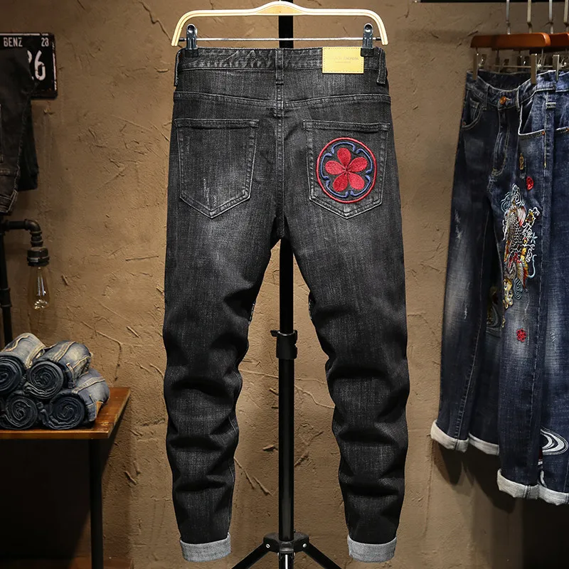 Erkekler Streetwear Slim Fit Ejderha Nakış Streç Jogger Kot Moda Adam Hip Hop Pamuk Casual Düz Denim Pantolon 201111