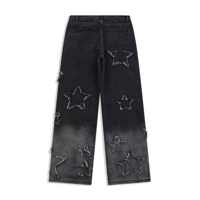 Tideshec Beş Sırsırlı Yıldız Nakış Geniş Bacak Pantolon Streetwear Degrade Tasarım Erkekler Kadınlar için Denim Kot Pantolon Hip Hop