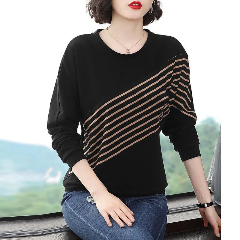 O Neck T Shirt Woman Autumn Long Sleeve Plus Size T-shirt Loose Korean Style Oversized Striped Women s 220226