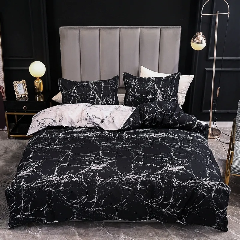 Черно -белый цвет кровать постельное белье Мраморное реактивное печатное одеяло набор для дома постельные принадлежности для дома