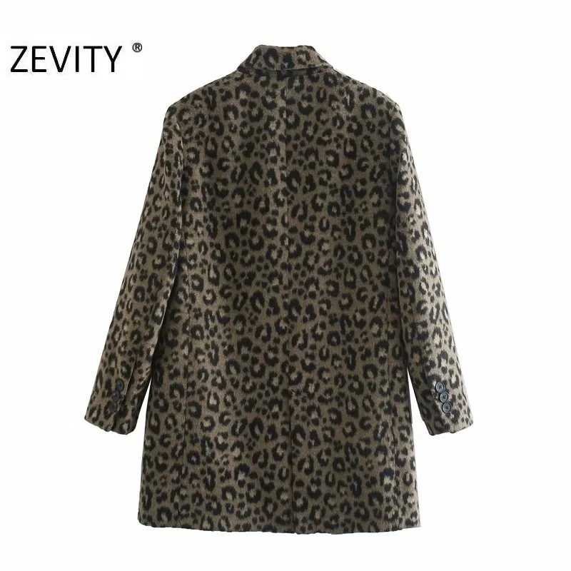 Zevity Winter Women Vintage Leopard Print Wool Coat Lady Long Sleeve Double Breasted Casual Blends Jacket Chic Topps CT609 201102