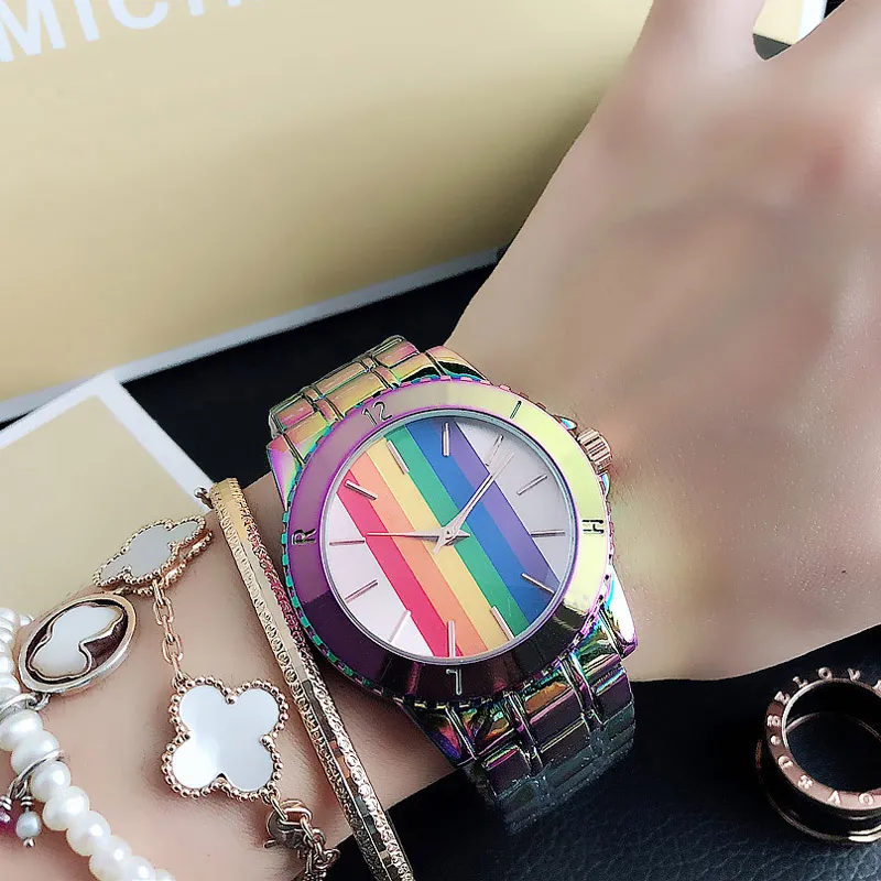 Marka kwarcowa zegarki na nadgarstki dla mężczyzn dziewczyna Rainbow kolorowy styl stalowy zespół M93215z