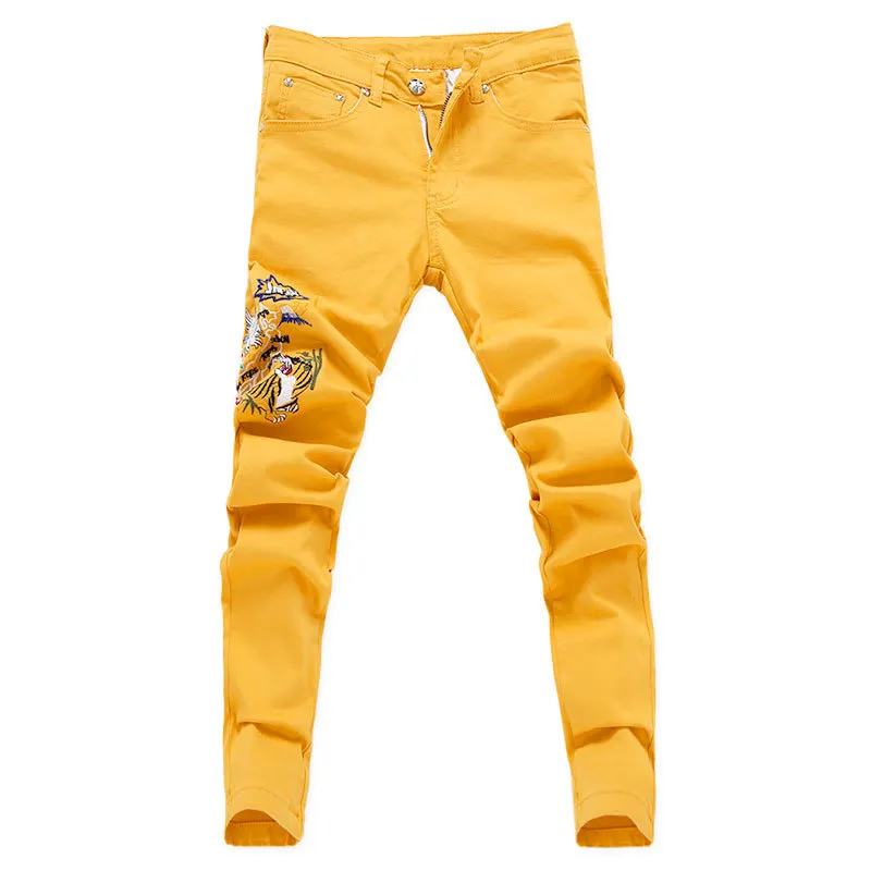 Moda Rised Dżinsy Mężczyźni haftowe chude spodnie Man Spring Summer Yellow Green Pink Demin Pants Plus Sizer 201128