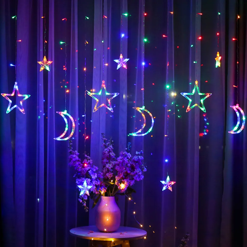 Venda LED Star Moon Cortina Luzes Christmas Garlands String Fairy Lights 220V Ao Ar Livre para Casamento Festa de Natal Decoração de Ano Novo 201203