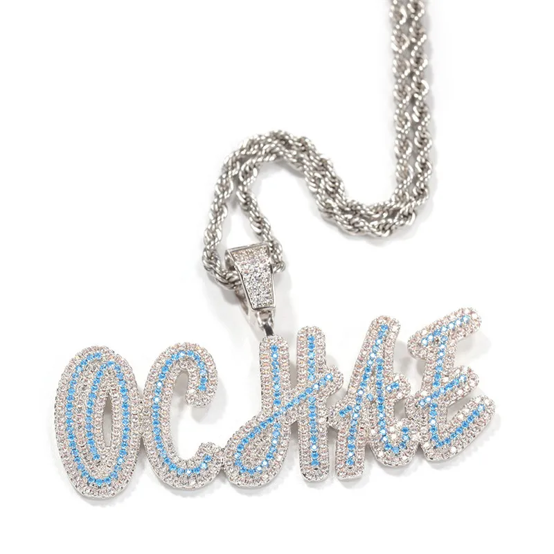 A-Z Custom Name Necklaces Iced Out Blue Zircon Name Pendant Charm For Men Women Gold Silver Color Cubic Zirconia with Rope Chain G300e