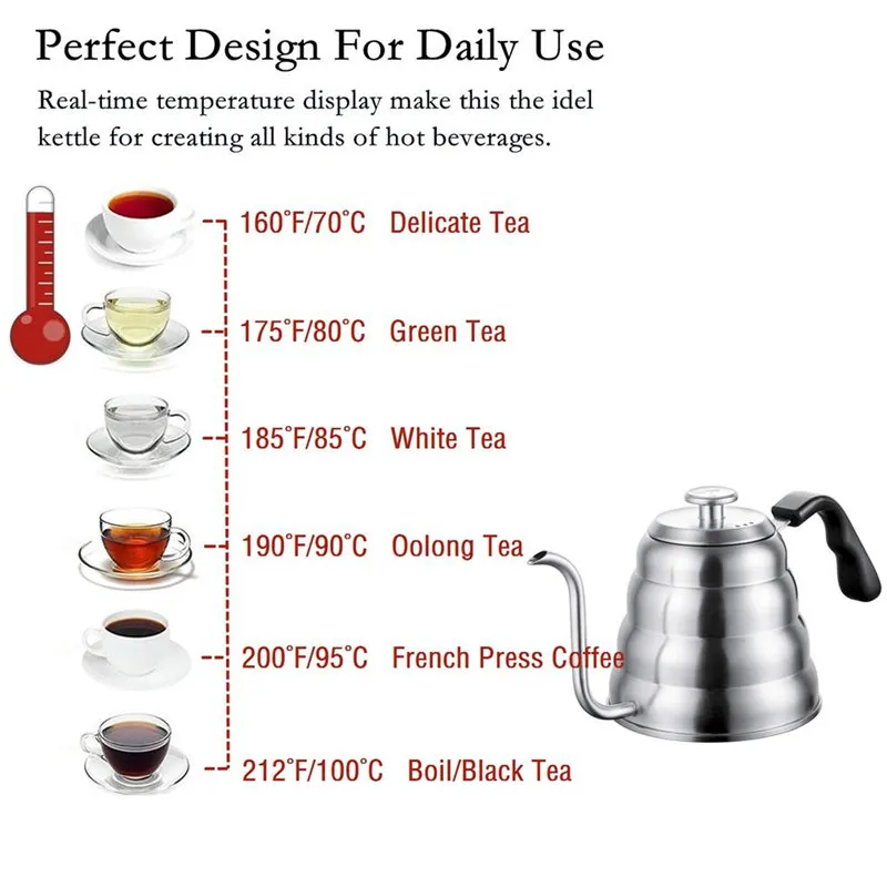 Rostfritt stål te kaffe vattenkokare med termometer svanhals tunt pip för häll över kaffekanna fungerar på spovetop 40oz 1 2l2362