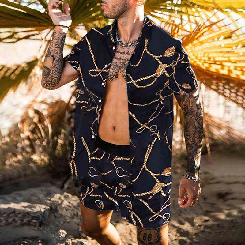 2021New Hawaiian Print Kurzarm Shirt Mode männer Strand Coconut Druck Shorts männer Strand Hemd Set Zwei-stück S-3XL G1222