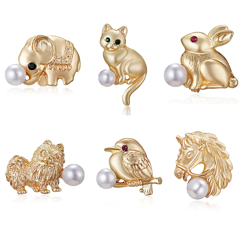 Vintage ouro cor pássaro animal broche pinos pérolas gato cão coelho cavalo elefante broche mulheres casaco lenço lapela pins