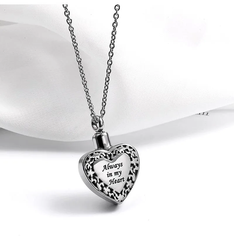 Heart Pendant Cremation Jewelry Always on My Heart Forever in My Memorial Urn Necklace Ashes Keepsake2741