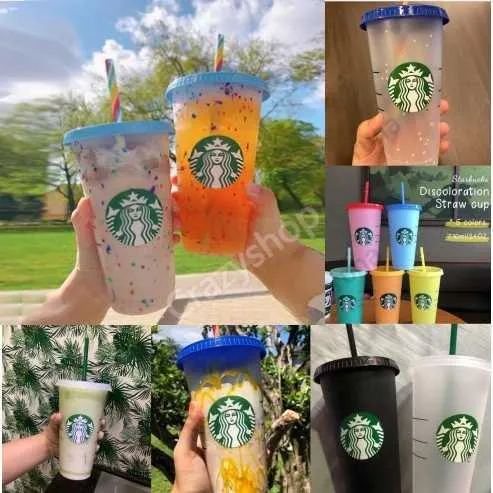 Reusable Starbucks Tumbler Color changing Confetti Cold cup Rainbow straw with Lid Plastic Cup fl oz