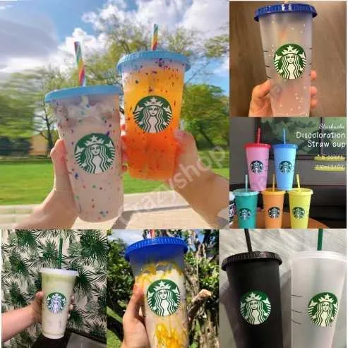 Återanvändbar Starbucks Tumbler Färg Byte Konfetti Kall Kopp Rainbow Straw With Lock Plastic Cup Fl oz
