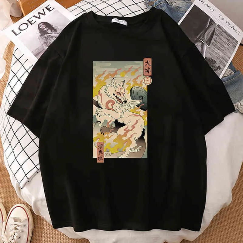 Japanese Fire Fox Printing Tshirts Mens Short Sleeve Summer Man T Shirts Anime Pattern Hip Hop T Shirt Funny Casual T-Shirts G0113