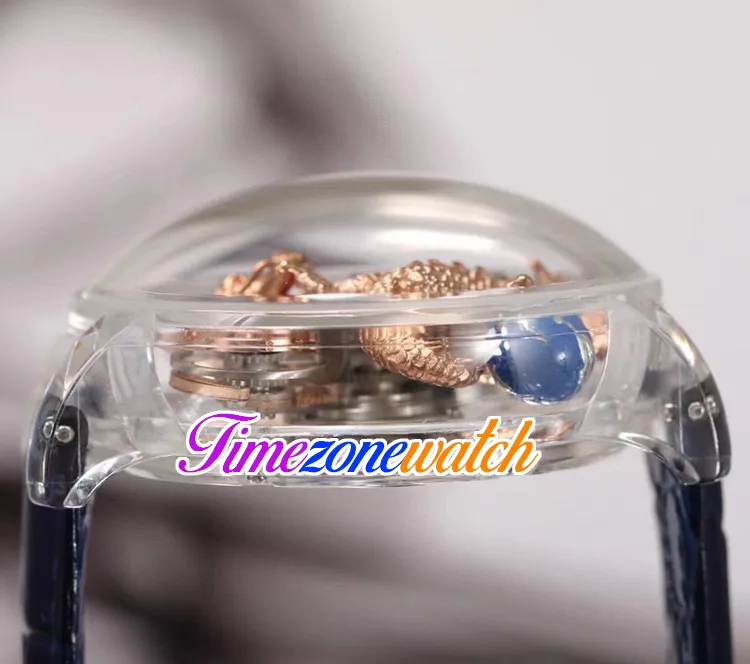 Astronomia Tourbillon Rose Gold Dragon Schweizer Quarz Herrenuhr Pave Piece Einzigartiges, vollständig transparentes Glas 3D-Gravur Blaues Leder268R