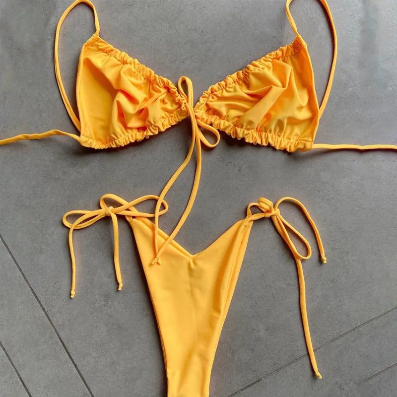 Misswim Bikini triangular con volantes, traje de baño de hilo amarillo para mujer, traje de baño de corte alto sin espalda, traje de baño femenino Push up 2020 T27678076