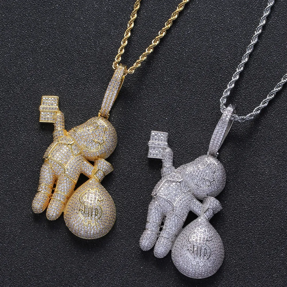 Pequeño tamaño de alta calidad Cz Stones Cartoon Men Bag Collar Hip Hop Joya Bling Bling Iced Out CN199 Y1220228K