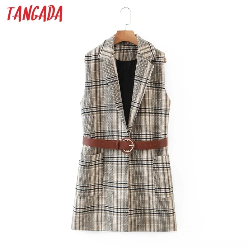 Tangada Frauen Khaki Plaid Muster lange Weste Mantel mit Gürtel Büro Damen Weste ärmelloser Blazer elegantes Top 3A15 201214