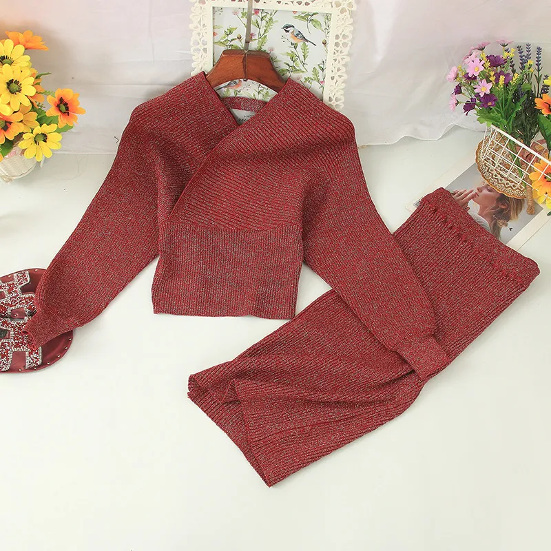 Ly Varey Lin Women Sexig Vneck stickad kjol Suits Autumn Winter Batwing Sleeve Elegant Office Lady Stick Suit Set 201102