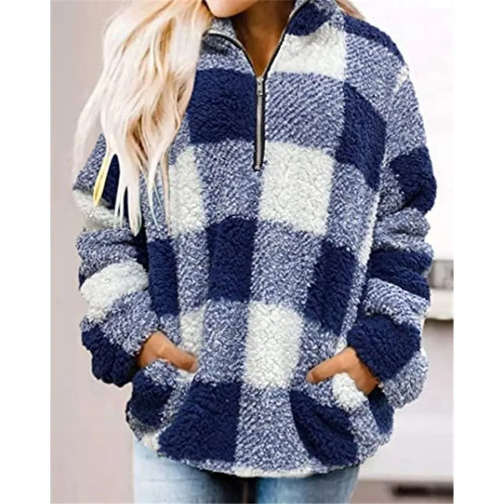 Women Winter Teddy Sweater Teddy Sweater Fluffy Sherpa Fleece Plaid Pullover 1/4 Zipper Turtleneck Sweater Autonn Warm Street Wear 201225