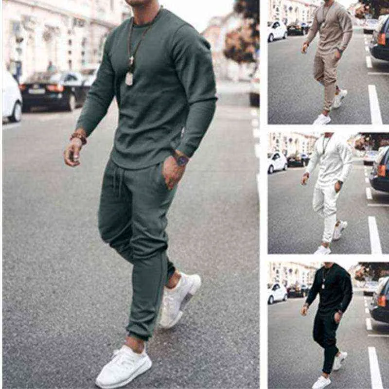 Outono sportswear homens conjunto moda sólido tracksuit esportes ternos masculinos mangas compridas camiseta + calças 2 peças conjuntos 211230