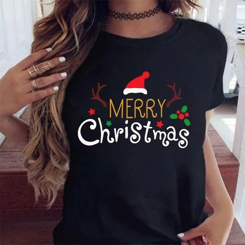 Женская футболка с принтом «Merry Christmas» и клетчатой елкой, модный женский топ с графическим рисунком, футболка Kawaii, женская рождественская футболка, черная рубашка в стиле Харадзюку 220304