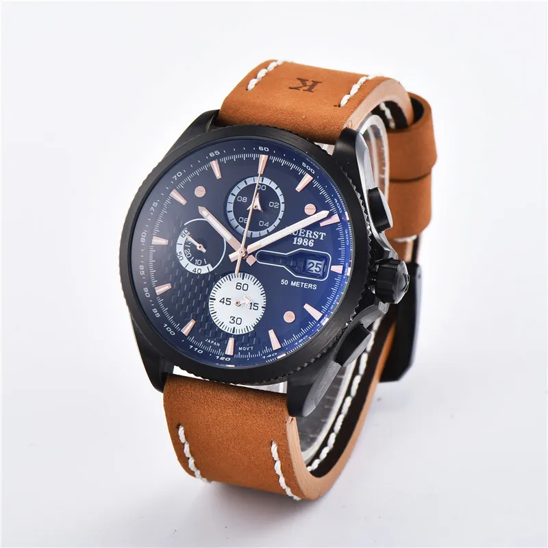 Men's Casual Watch Leather Strap Luminous Waterpro Sapphire Auto-Date Multifunction Chronograph Quartz Watch