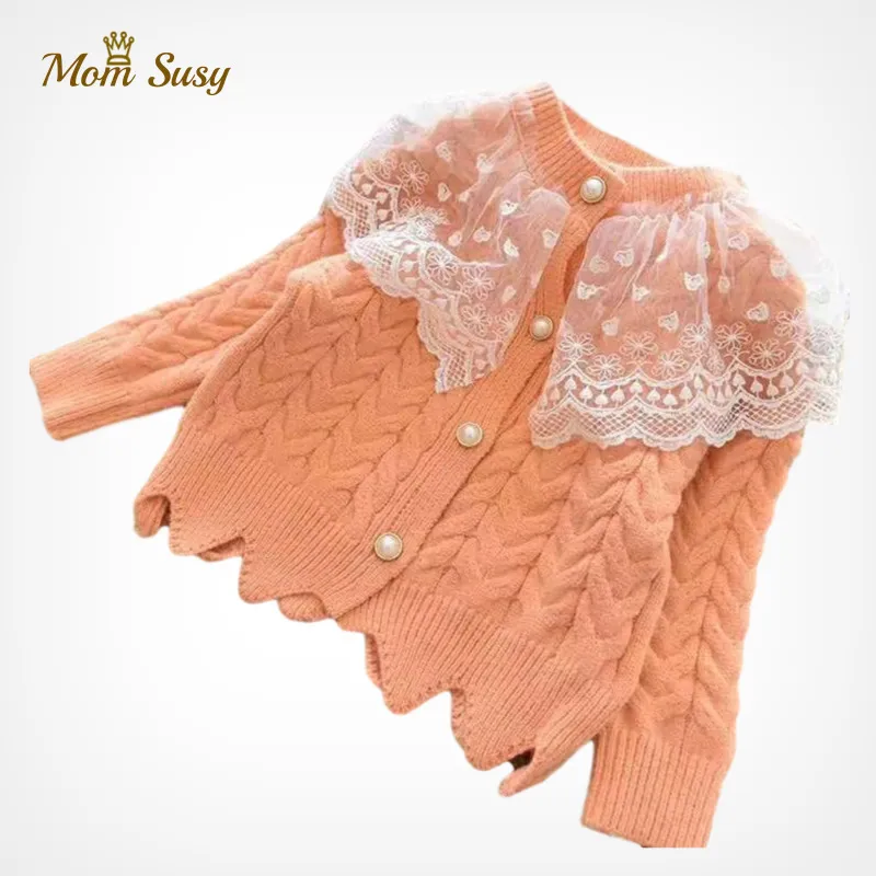 Baby Girls Sweater Cardigan spets krage pärlknapp