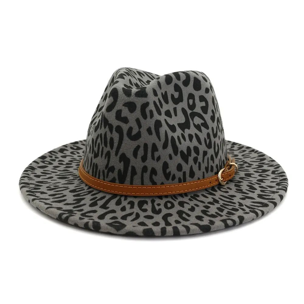 Зимний леопардовый принт шляпы Fedora для женщин Fashion Fasure Flat Brim Wool Feel Jazz Fedora Hats для мужчин Leopard Goth Top Vintage Wedd8551106