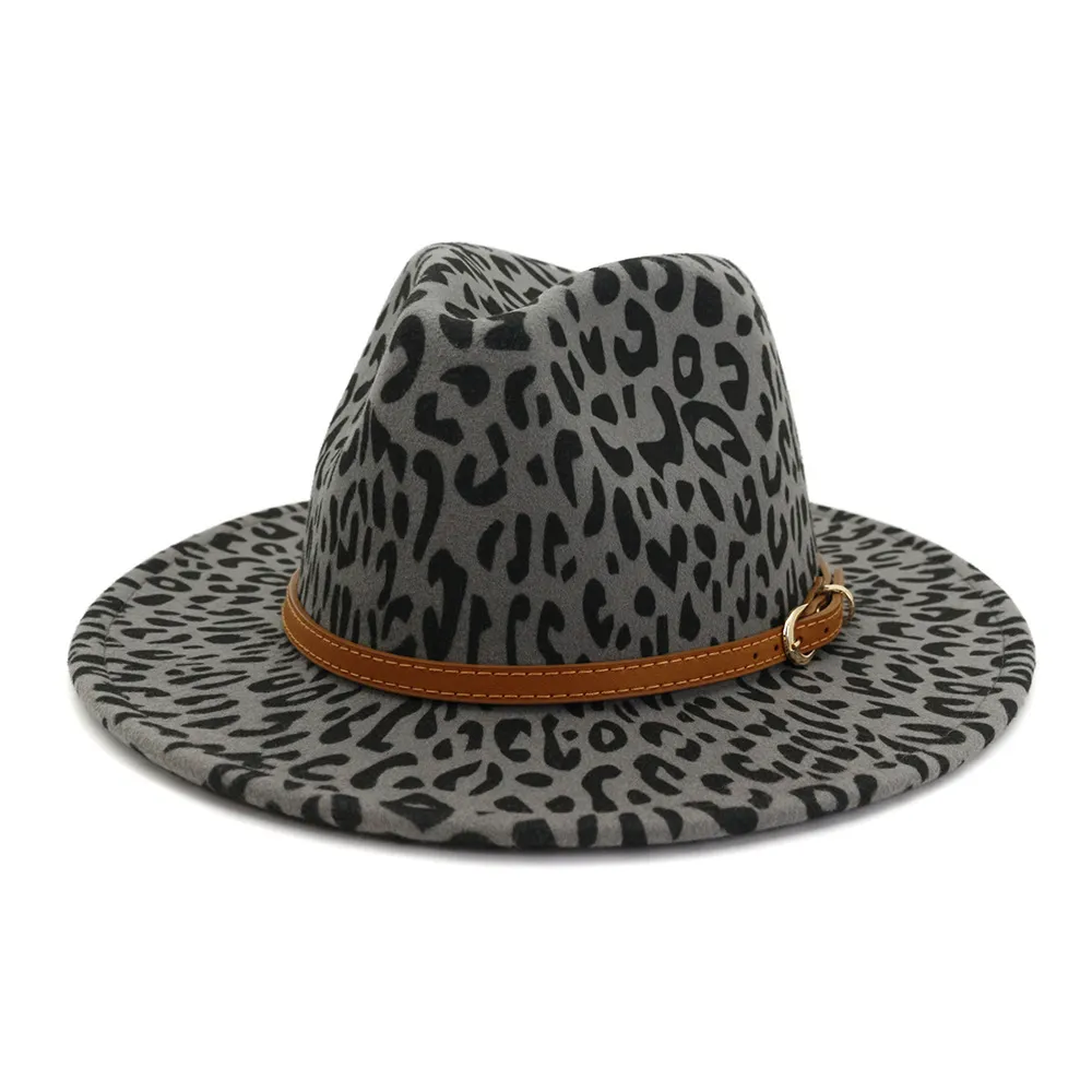 Зимний леопардовый принт Fedora Hats для женщин Fashion Flat Wide Brim Wool Feel Jazz Fedora Hats для мужчин Leopard Goth Top Vintage Wedd7651690