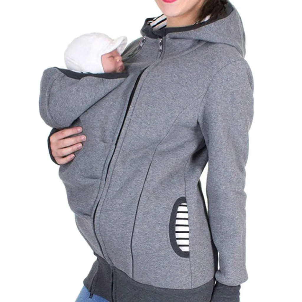 2020 Fashion Women Maternity Striped Baby Pouch Carrier Hoodie Zipper Pregnancy Coat Hoody Outerwear Carry Baby Pregnant Clothes LJ201123