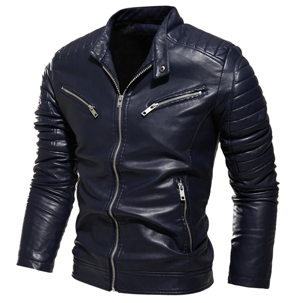 Winter Black Leather Jacket Men Fur Lined Warm Motorcycle Jacket Slim Street Fashion BLack Biker Coat Pleated Design Zipper 201127