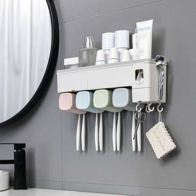 Porte-brosse à dents automatique Porte-dentifrice Squeezer Distributeur avec tasse Support mural Support de rangement Accessoires de salle de bain Set LJ201204