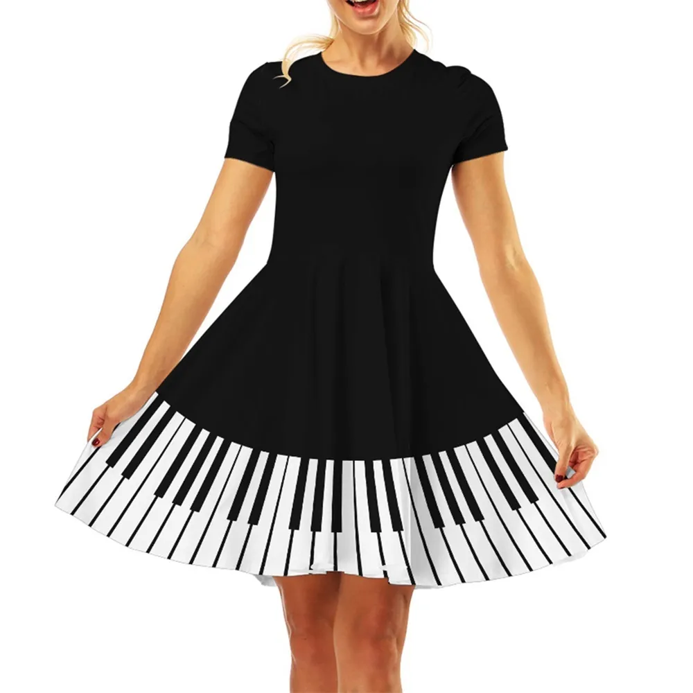 جديد الصيف النساء فساتين عارضة 3d مطبوعة الإبداعية البيانو اللباس قصيرة الأكمام مثير حزام ميدي خط اللباس vestidos رداء فام Y0118