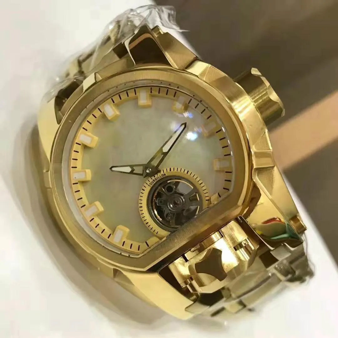 Model 28393 Men's Watch Mechanical Quartz Reserve Bolt Zeus Men 52mm Stainless Steel Dual Time Zone Gold Wristwatch231J