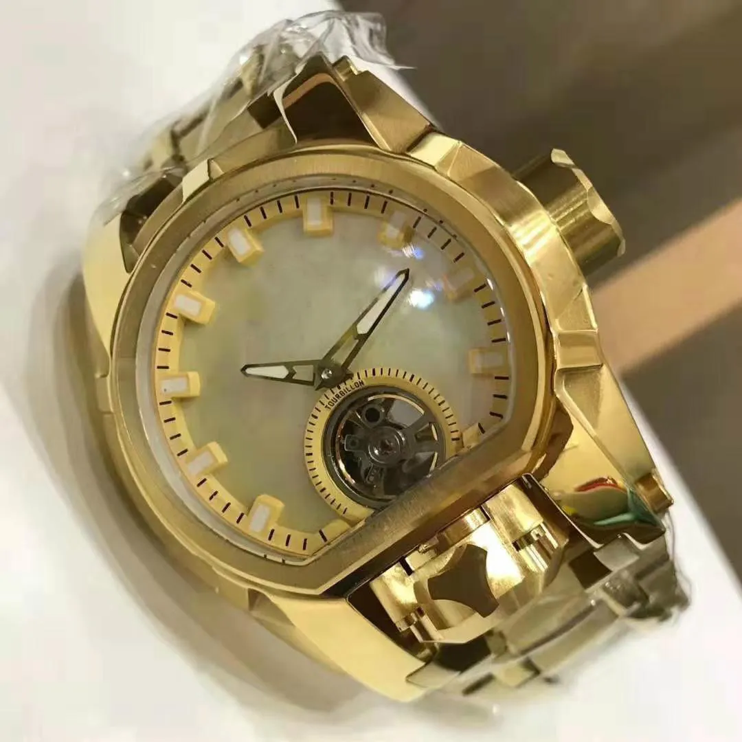 Modell 28393 Herrklocka Mekanisk kvartsreservbult Zeus Men 52mm rostfritt stål Dual Time Zone Gold Wristwatch231J