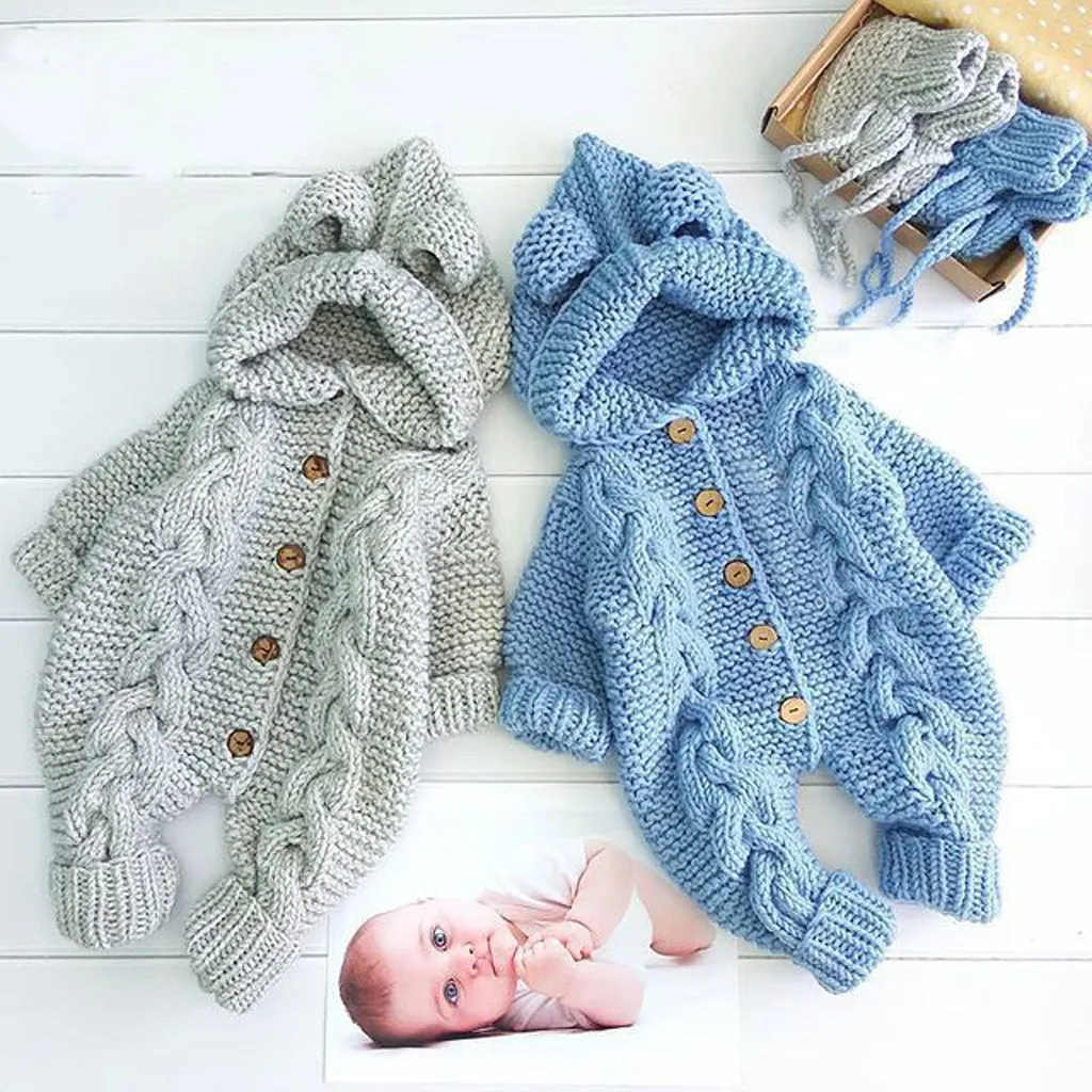 Neugeborenen Baby Strampler Mädchen Jungen Kleidung Winter Warme Mantel Stricken Outwear Mit Kapuze Overall Outfits Kleinkind Baby Onesie LJ201023