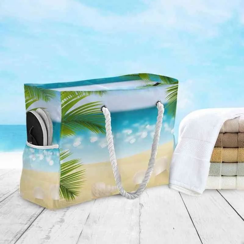 ショッピングバッグファッション大容量の女性ハンドバッグ女性のための新しい高品質ナイロンのショルダーバッグのための砂浜のビーチバッグレディース買い物客バッグ220310